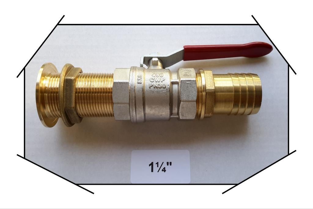 Messing Huiddoorvoer 1 1/4'' met Kogelkraan en Slangtulle., Watersport en Boten, Accessoires en Onderhoud, Ophalen of Verzenden