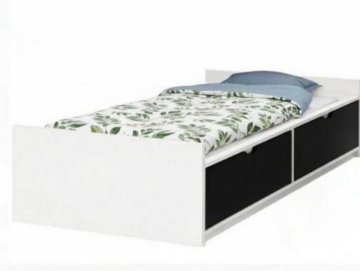 Eenpersoonsbed wit Flaxa Ikea 90x200 met twee zwarte lades, Huis en Inrichting, Slaapkamer | Bedden, Gebruikt, Eenpersoons, 90 cm