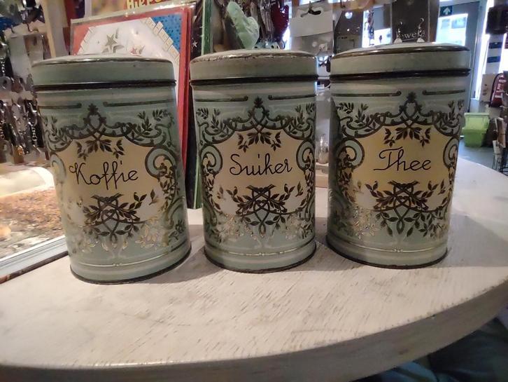 3 mooie oude Koffie - Suiker - Thee - blikken. Mint- groen., Verzamelen, Blikken, Zo goed als nieuw, Koffie, Ophalen of Verzenden