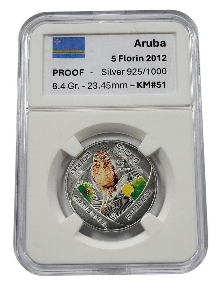 Aruba 5 Florin 2012 Shoco, Aruban Burrowing Owl PROOF, Postzegels en Munten, Munten | Amerika, Losse munt, Midden-Amerika, Zilver