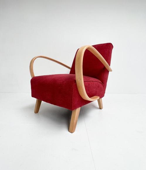 Gerenoveerde Jindrich Halabala fauteuil, 1950's, Huis en Inrichting, Fauteuils, Gebruikt, Hout, Stof, 50 tot 75 cm, 75 tot 100 cm