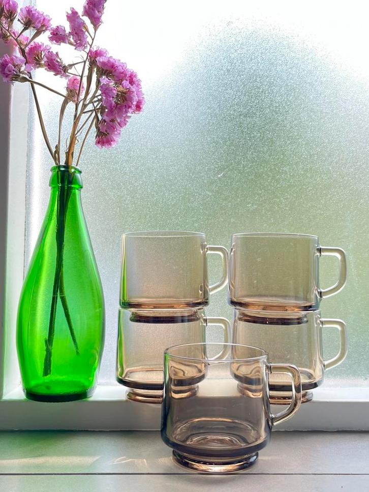 Vintage DE Moccona rookglas koffiekopjes, Huis en Inrichting, Keuken | Servies, Zo goed als nieuw, Glas of Glazen, Overige stijlen