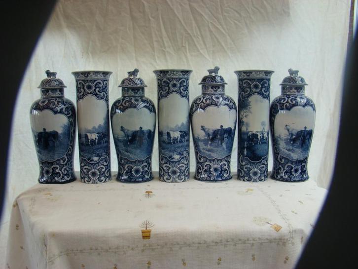 Koeien / Boeren delfs blauw kaststel  ( 7 Delig, Antiek en Kunst, Antiek | Vazen, Ophalen of Verzenden