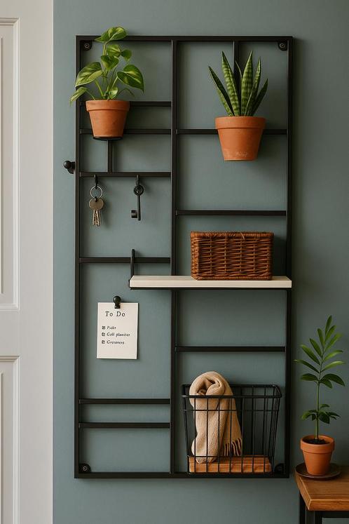 Zwarte metalen wandorganizer met vakken en plankjes, Huis en Inrichting, Woonaccessoires | Wandplanken en Boekenplanken, Gebruikt