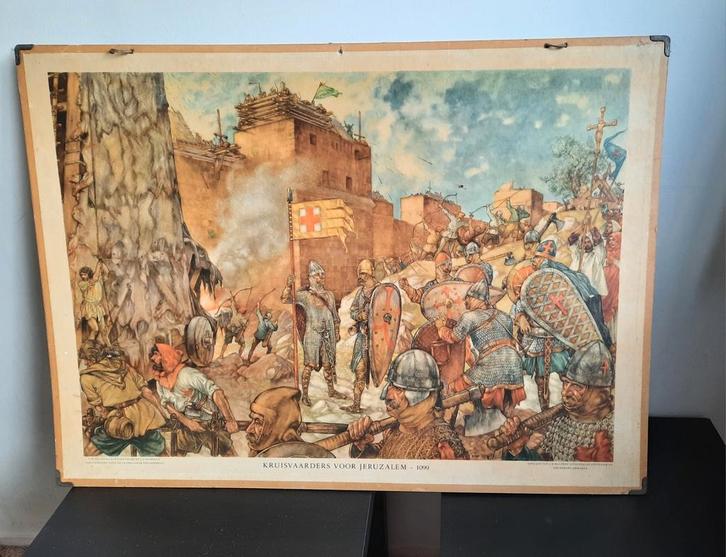 Schoolplaat Kruisvaarders Jeruzalem - Wolters, Antiek en Kunst, Antiek | Schoolplaten, Ophalen of Verzenden