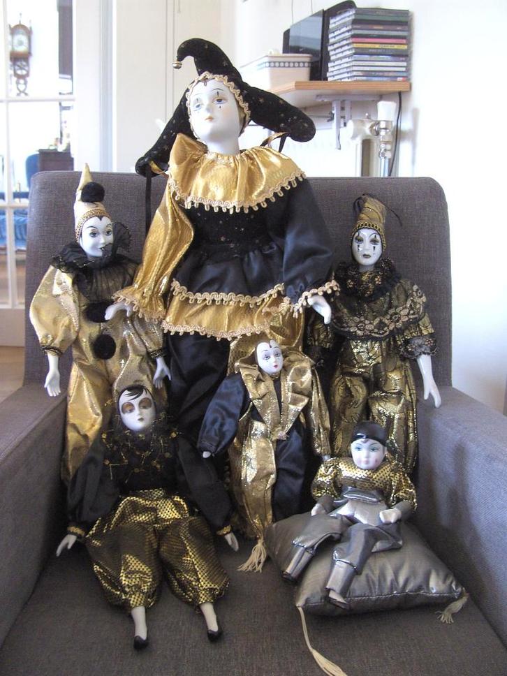 Collectie van 6 Originele Veneziaanse Pierrot poppen, Verzamelen, Poppen, Zo goed als nieuw, Pop, Ophalen of Verzenden