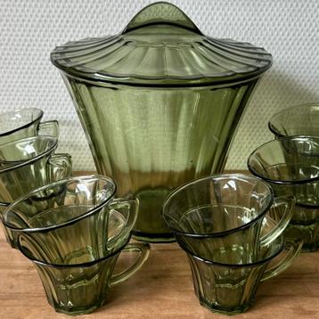 Complete Bowl Set Copier Neerlandia Leerdam, Groen Glas beschikbaar voor biedingen