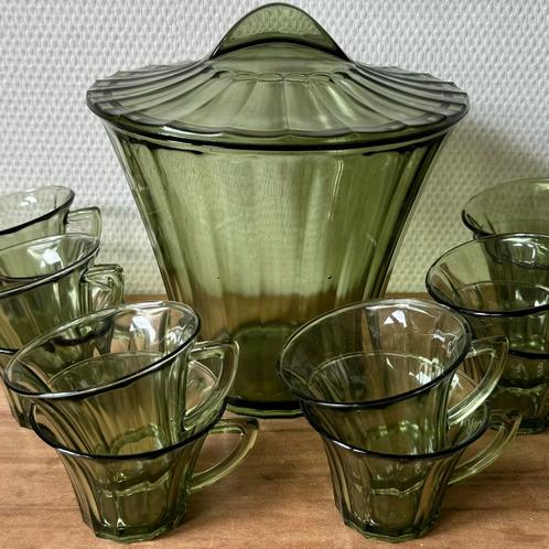 Complete Bowl Set Copier Neerlandia Leerdam, Groen Glas, Antiek en Kunst, Antiek | Glas en Kristal, Ophalen of Verzenden