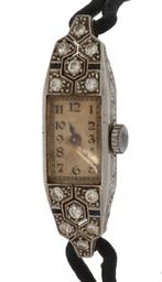 Antieke platina diamant saffier Art Deco dames horloge, Goud, Met edelsteen, Armband, Ophalen of Verzenden