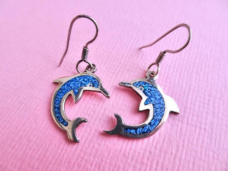 jwg Vintage 80s zilver turkoois emaille dolfijn oorbellen, Sieraden, Tassen en Uiterlijk, Antieke sieraden, Oorbellen, Zilver