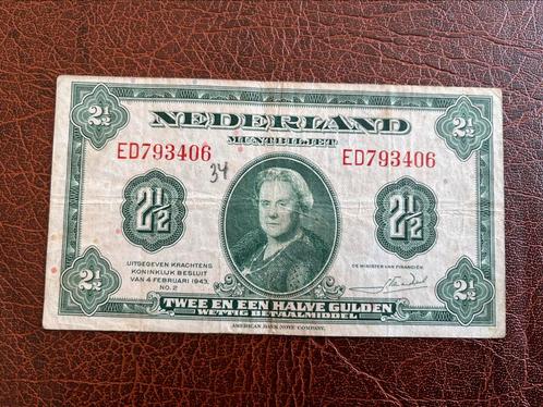 2,5 gulden 1943, Postzegels en Munten, Bankbiljetten | Nederland, Los biljet, 2½ gulden, Ophalen of Verzenden