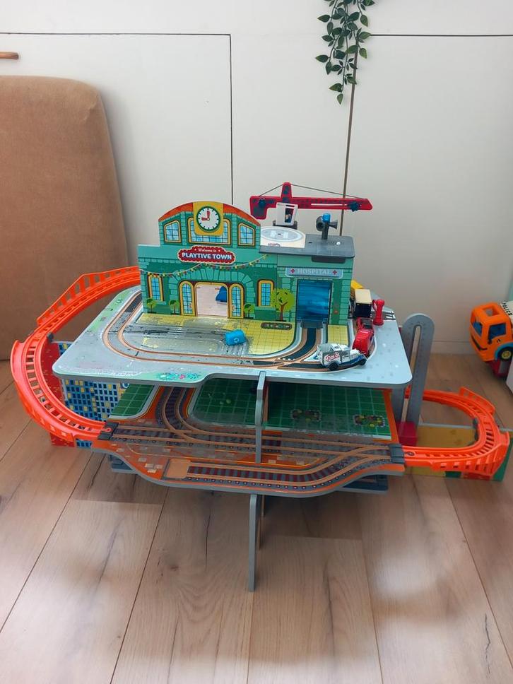 Trein en Auto Baan met Hijskraan en Glijbaan, Kinderen en Baby's, Speelgoed | Duplo en Lego, Gebruikt, Duplo, Ophalen of Verzenden