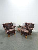 Set bloemen fauteuils met houten poten, vintage stoel, Gebruikt, Vintage, Ophalen of Verzenden, 75 tot 100 cm