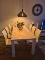 Eettafel wit hoogglans plus 6 eetstoelen, Ophalen, 50 tot 100 cm, Zo goed als nieuw, 150 tot 200 cm