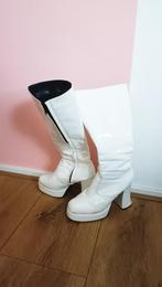 Witte vintage 70's disco lak laarzen plateau hakken 39, Hoge laarzen, Verzenden, Wit, Zo goed als nieuw