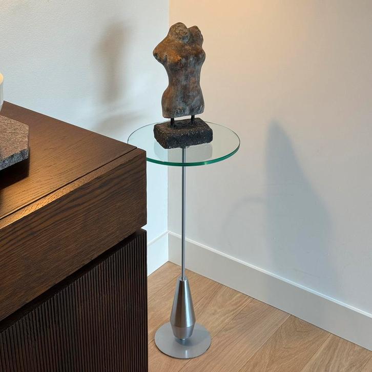 Vintage design bijzettafel, Metaform Jongleur RVS + glas, Huis en Inrichting, Tafels | Bijzettafels, Zo goed als nieuw, Rond, 45 tot 60 cm