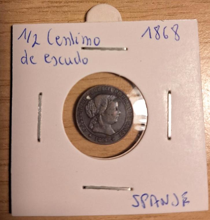 1/2 centimo de escudo 1868 Spanje, Postzegels en Munten, Munten | Europa | Niet-Euromunten, Losse munt, Overige landen, Ophalen of Verzenden