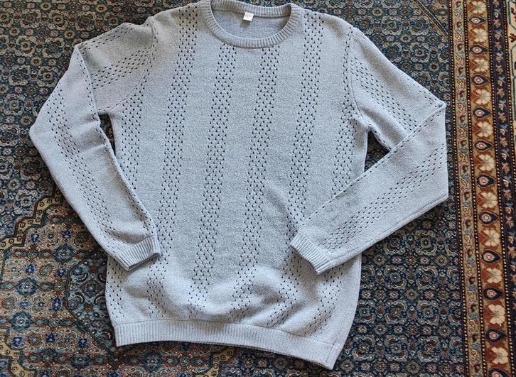 Grijze ajour gebreide uniseks trui, katoenblend, mt L, Kleding | Dames, Truien en Vesten, Zo goed als nieuw, Maat 42/44 (L), Grijs