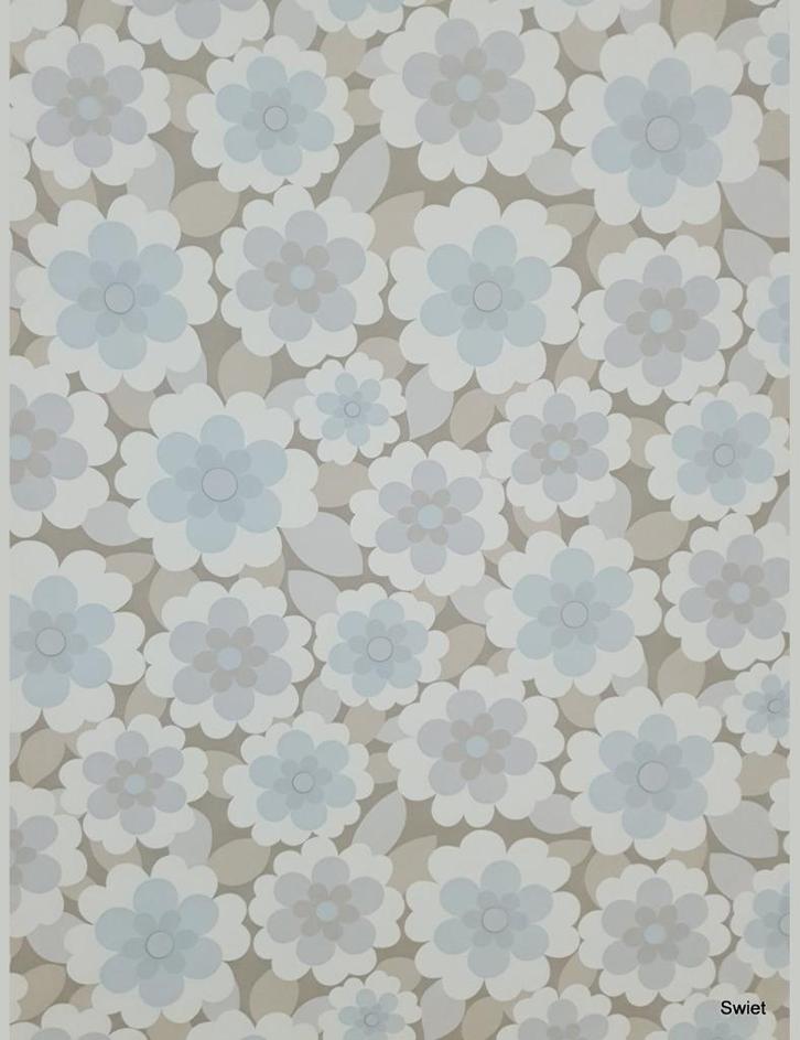 14049 seventies ijsblauw bloemenbehang pastel retro swiet, Huis en Inrichting, Stoffering | Behang, Grijs, 75 m² of meer, Ophalen of Verzenden