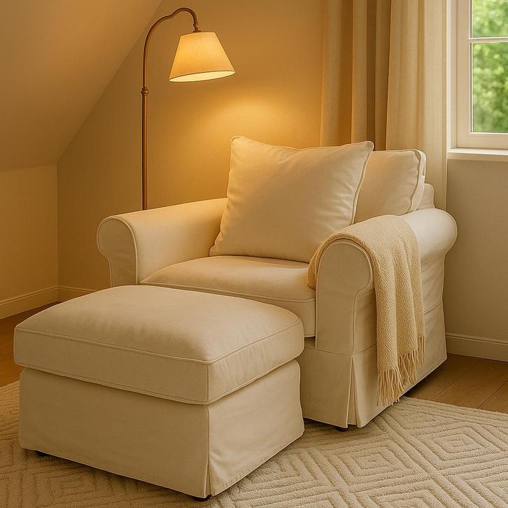 IKEA GRONLID fauteuil + voetenbank met bergruimte, Huis en Inrichting, Fauteuils, Zo goed als nieuw, Hout, Stof, 50 tot 75 cm