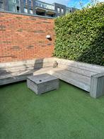 Steigerhouten bank incl bijpassende kussens  taupe, Ophalen, Gebruikt, Steigerhout, 8 zitplaatsen
