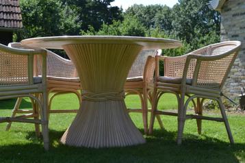 Hollywood Regency rotan bamboe tafel 4 stoelen korenschoof beschikbaar voor biedingen