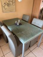 Glazen eetkamer en salon tafel plus 4 grijze stoelen, Huis en Inrichting, Complete eetkamers, Ophalen, Zo goed als nieuw, 4 tot 6 stoelen