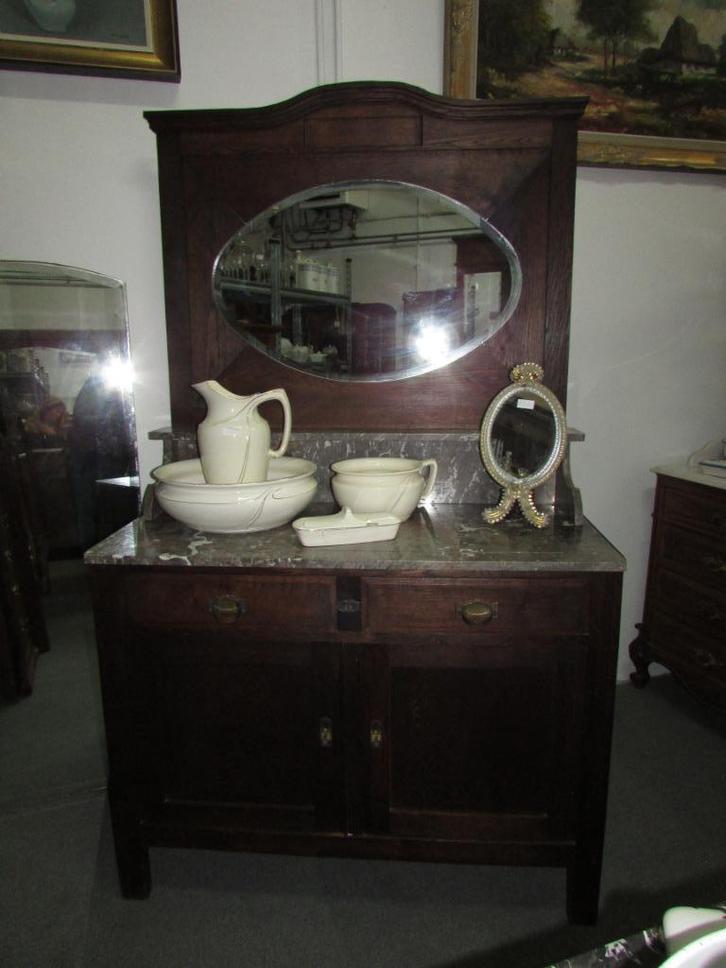 antiek eiken commode kaptafel marmer blad en spiegel 250,00, Antiek en Kunst, Curiosa en Brocante, Ophalen of Verzenden