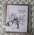 Gestempelde kerstkaart, sneeuwpop in landschap, Ophalen of Verzenden, Nieuw, Overige thema's