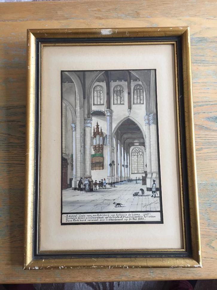Aquarel van St Laurenskerk te Rotterdam (WJ Lengkeek Senior), Antiek en Kunst, Kunst | Schilderijen | Klassiek, Verzenden