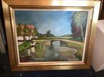 Olieverfschilderij van boerderij aan het water, Ophalen of Verzenden