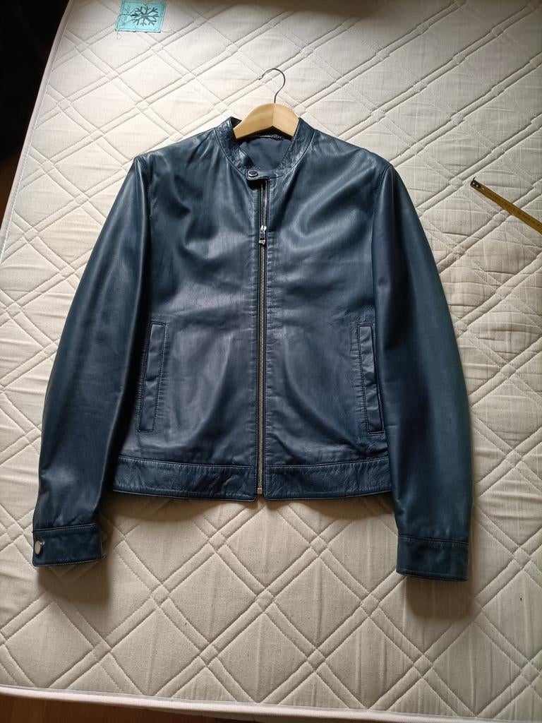 Versace Leren Jas - Blauw - Maat M, Ophalen of Verzenden, Zo goed als nieuw, Versace, Maat 48/50 (M)