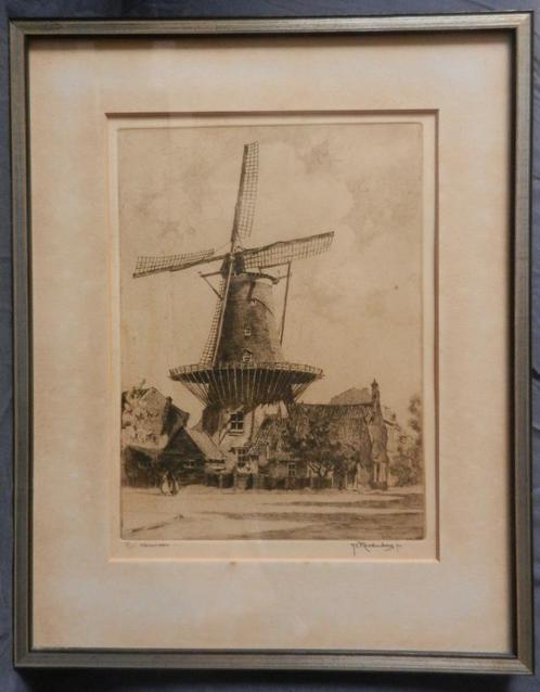 Fraai ets Molen Windlust Wassenaar HE Roodenburg 1927 29x21, Antiek en Kunst, Kunst | Etsen en Gravures, Ophalen of Verzenden