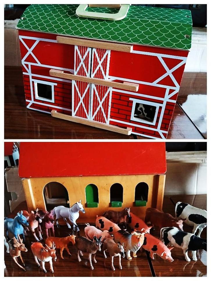 Houten boerderij met dieren 2 soorten, Kinderen en Baby's, Speelgoed | Houten speelgoed, Gebruikt, Overige typen, Ophalen of Verzenden