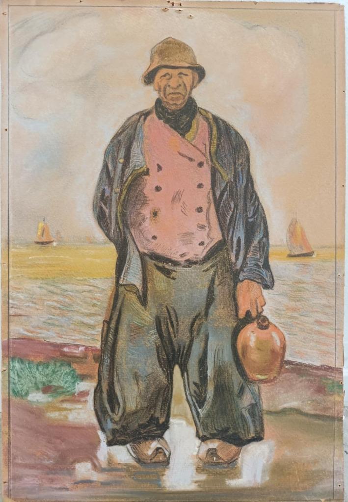 pastel tekening Oude Visser, Antiek en Kunst, Kunst | Tekeningen en Foto's, Ophalen of Verzenden