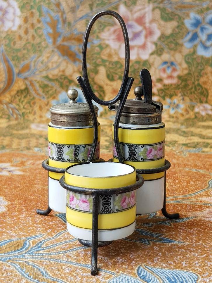 Mooie oude Engels peper, zout en mosterd in een houder., Antiek en Kunst, Antiek | Woonaccessoires, Ophalen of Verzenden