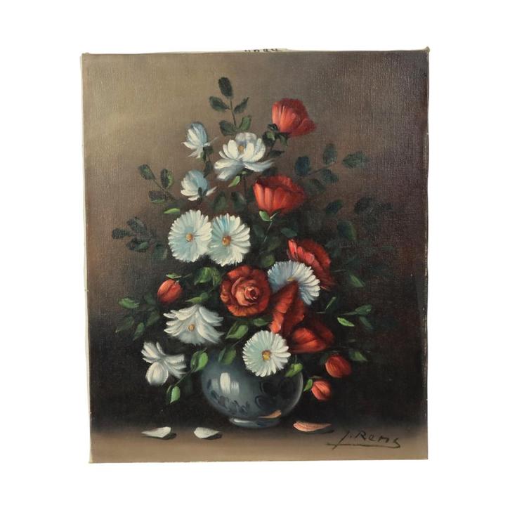 Vintage Bloemen Stilleven Schilderij Gesigneerd J. Rems, Antiek en Kunst, Kunst | Schilderijen | Klassiek, Ophalen of Verzenden