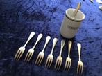 8 stuks gebaksvorkjes met bekerhouder., Antiek en Kunst, Ophalen of Verzenden