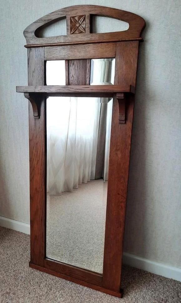 Antieke hal/schouw spiegel, eiken, geslepen glas,  rond 1900, Antiek en Kunst, Antiek | Spiegels, Minder dan 50 cm, 100 tot 150 cm
