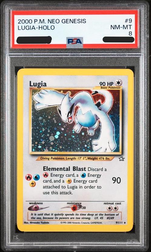 PSA 8 - Lugia Holo #9 (2000 Pokemon Neo Genesis), Hobby en Vrije tijd, Verzamelkaartspellen | Pokémon, Zo goed als nieuw, Losse kaart