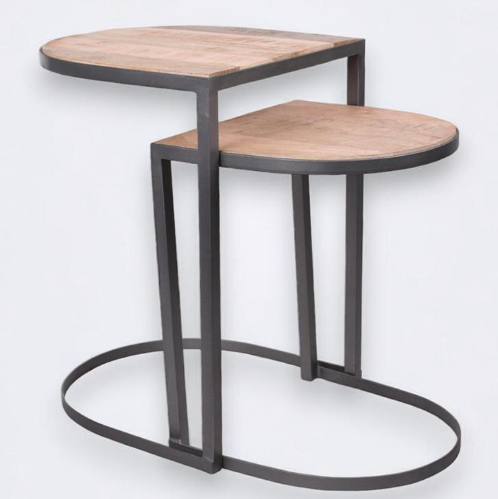 Banktafel set metaal met mangohouten tafelblad, Huis en Inrichting, Tafels | Bijzettafels, Nieuw, Ovaal, 60 cm of meer, Minder dan 55 cm