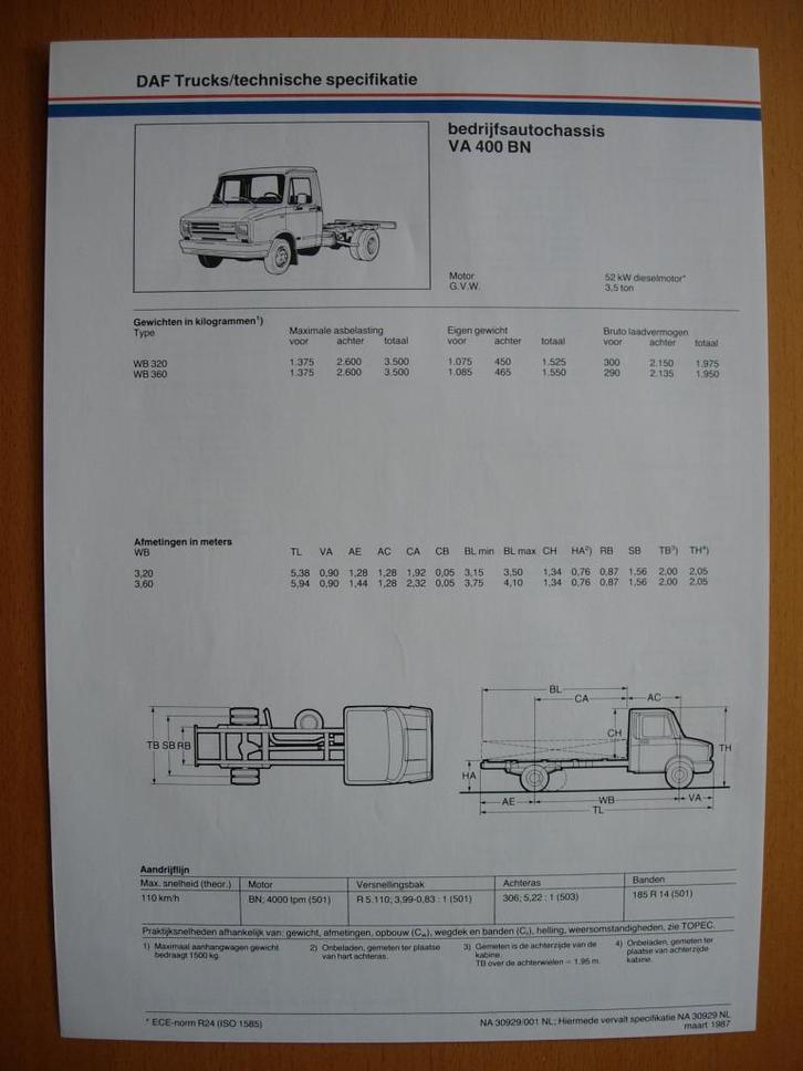 DAF VA 400 BN Technische Specificatie Folder 1987, Boeken, Auto's | Folders en Tijdschriften, Zo goed als nieuw, Overige merken