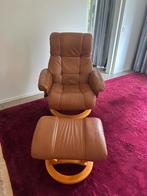 Mooie leren relax fauteuil met poef, Ophalen, Zo goed als nieuw, 75 tot 100 cm, 50 tot 75 cm