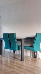 tafel zwart en 4 stoelen petrol, Ophalen, Gebruikt
