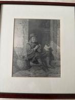 Oude man met hond, ingelijste prent, Antiek en Kunst, Ophalen of Verzenden