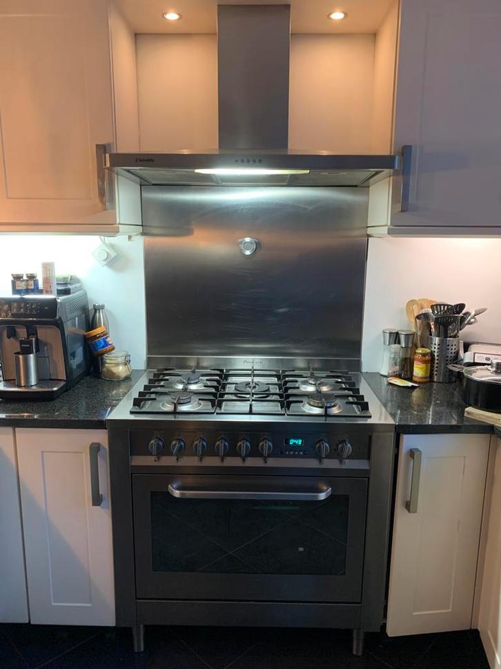 Fornuis 5 pits gas met oven 90 cm merk Ariston met afzuigkap, Witgoed en Apparatuur, Fornuizen, Zo goed als nieuw, Vrijstaand