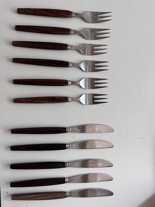 Vintage midcentury bestek met houten handvat, Huis en Inrichting, Keuken | Bestek, Gebruikt, Los bestek, Hout, Ophalen of Verzenden