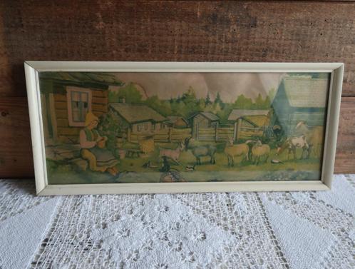 Oude prent breiende boerin met dieren in lijst met glas., Antiek en Kunst, Curiosa en Brocante, Ophalen of Verzenden