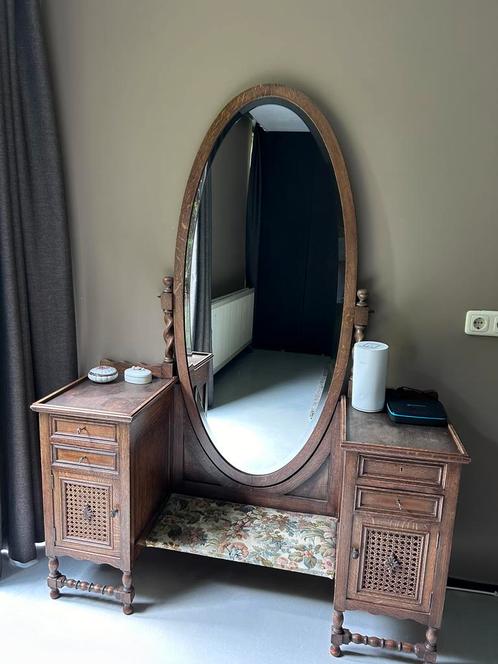 Antieke Houten Spiegelconsole – Met Grote Ovale Spiegel, Huis en Inrichting, Tafels | Kaptafels, Gebruikt, 100 tot 150 cm, Hout
