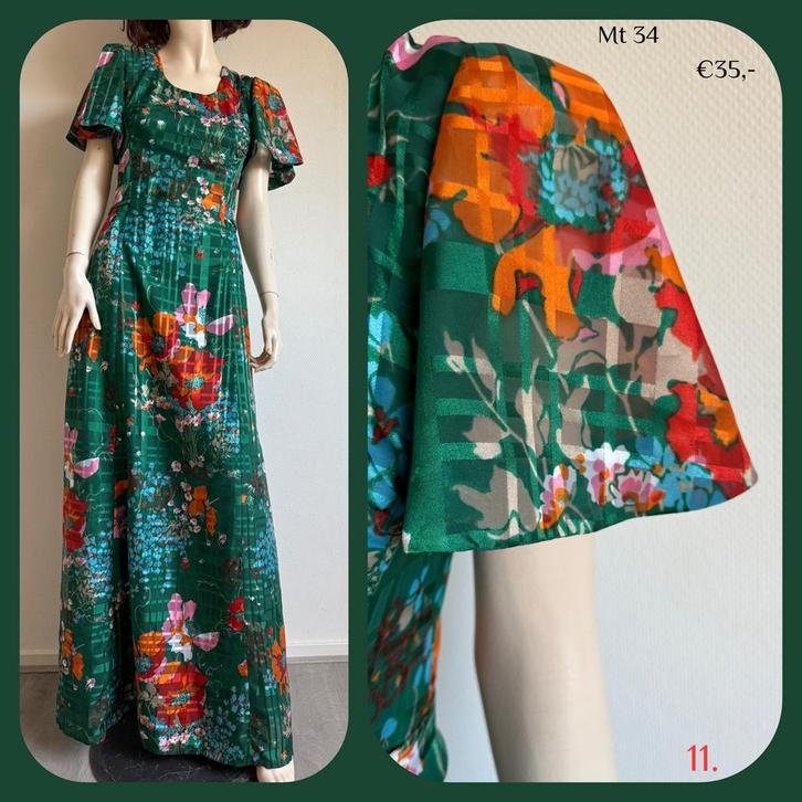 11. Vintage jurk mt 34, Kleding | Dames, Jurken, Gedragen, Maat 36 (S), Groen, Onder de knie, Verzenden